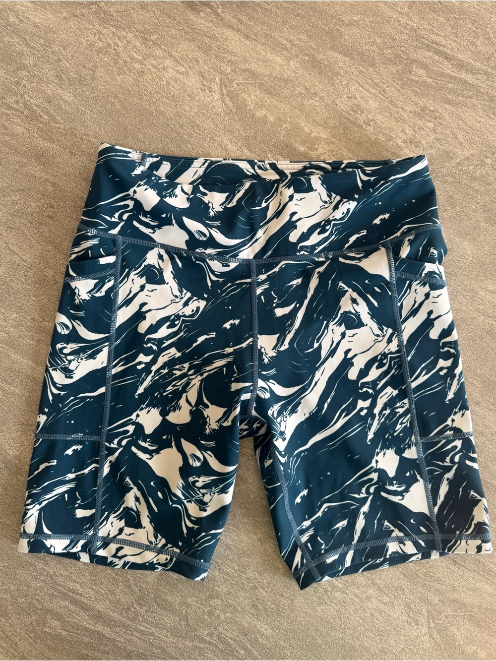 Senita Athletics Navy and White Marble-Print High-Rise Athletic Shorts